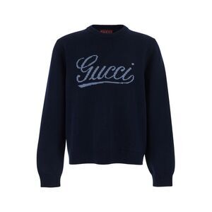 Gucci Men Blue Crewneck Sweater With Logo Embroidery On The Front In Wool Man